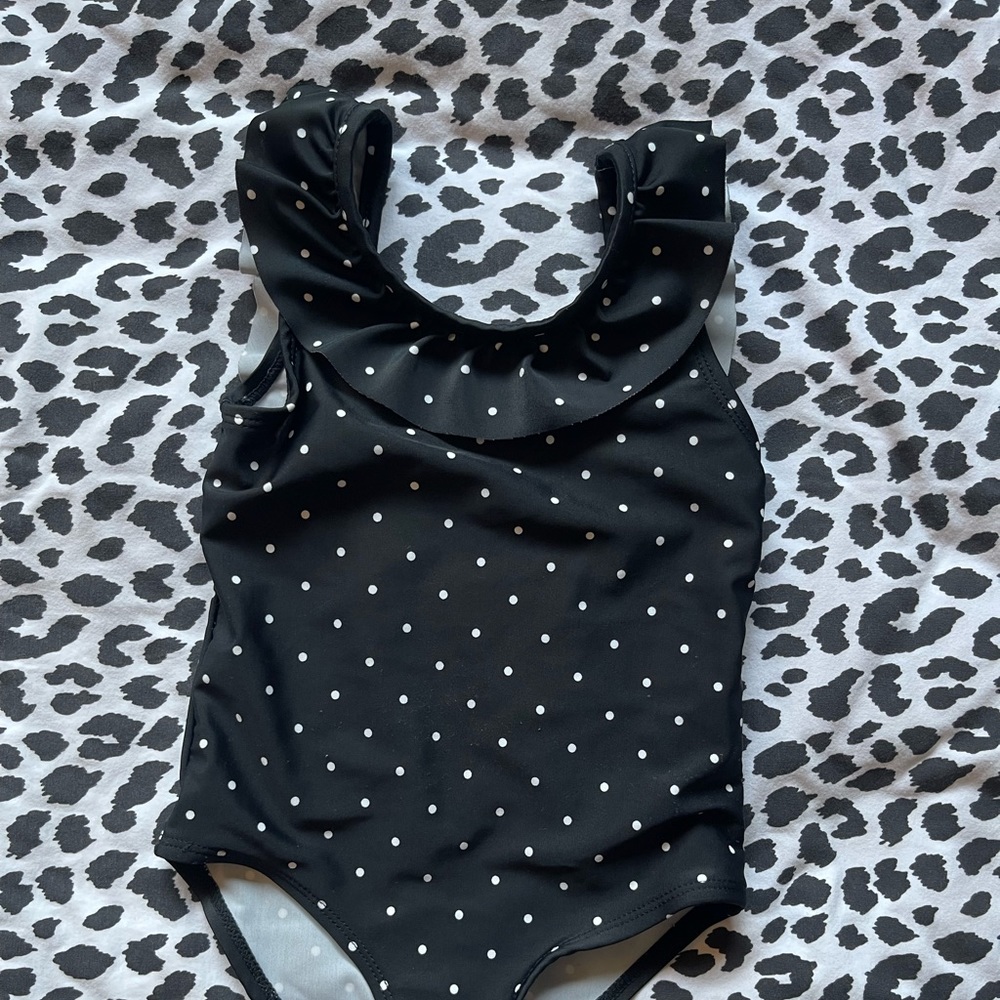 black & white polka dot toddler swim suit